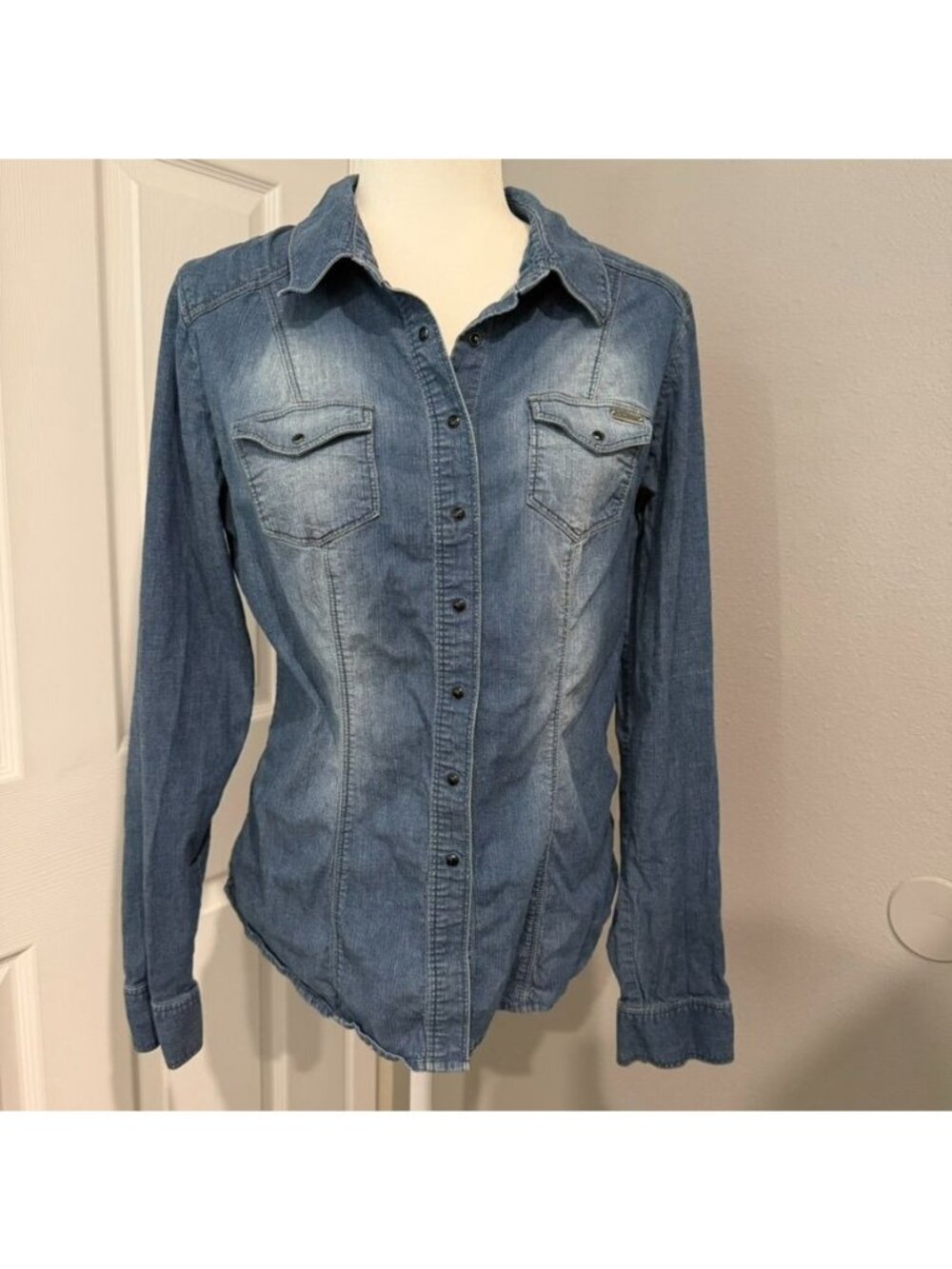 G By Guess Blue Denim Snap Button Front Long Sleeve Shirt Size Large